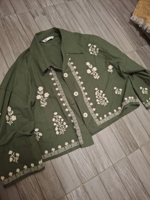 Zara embroidered linen-blend jacket XL like new, khaki with white floral