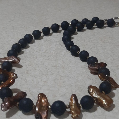 Necklace black onyx matte with pearls and hematite in steel new