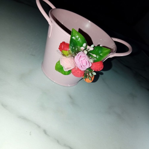 Metal pink flowered cachepot with handmade flowers like new