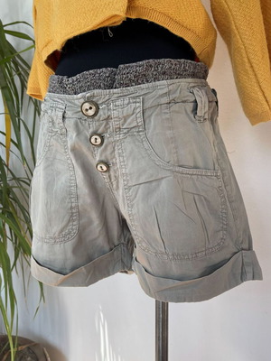 Women's Safari Cargo Shorts used, sage gray with button fly and knit waistband
