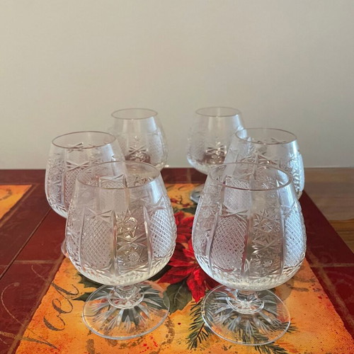 Crystal brandy glasses new, set of 6 with vintage pattern