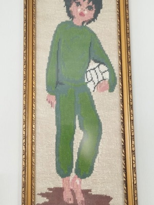 Premium Vintage Handmade Embroidery 'The Boy with the Ball' in Gold Frame, Like New