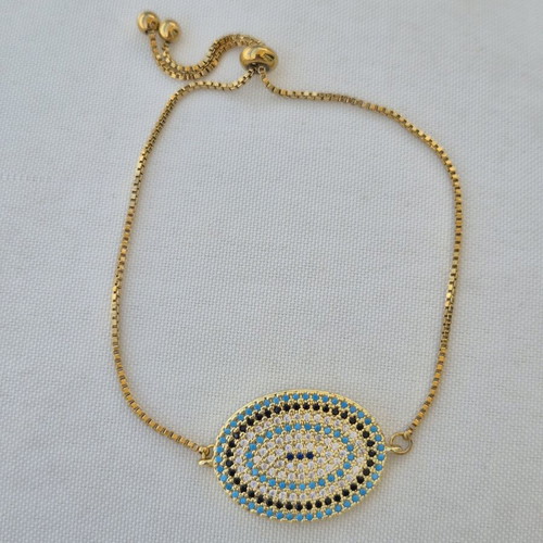 Gold Bracelet with Oval Evil Eye Motif, New, Blue and Gold