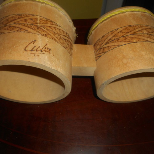 Wooden double tambourine used, diameters 16 and 13 cm with 3 unused Czechoslovak harmonicas from 1950s