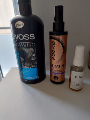 Syoss shampoo, Keratin spray and Ouai wave spray used set