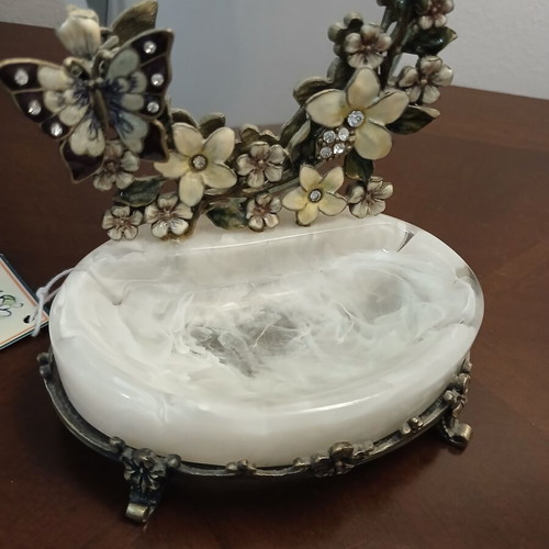Brass jewelry box with mirror and enamel floral butterfly design