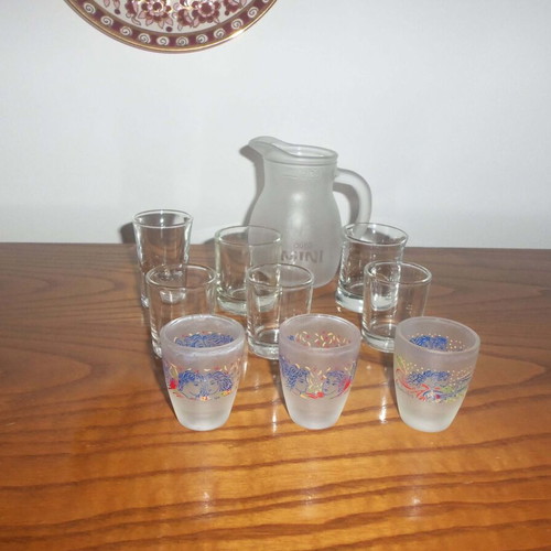 Small Ouzo Pitcher 0.25 L and Set of 9 Shot Glasses used