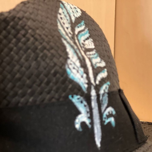 Men's black straw hat with handmade painted design like new
