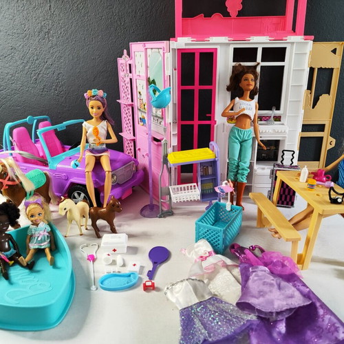 Barbie toys used, dolls, dollhouse, car, parts set