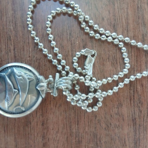 Vintage silver pendant with chain, double-sided, dolphins, 50cm chain