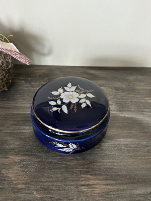 Vintage Limoges Porcelain Jewelry Box used, cobalt blue with gold details
