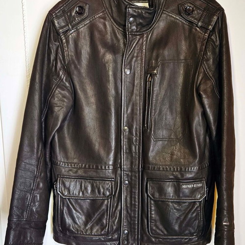 Hilfiger Denim men's leather jacket used, brown to gray, size M