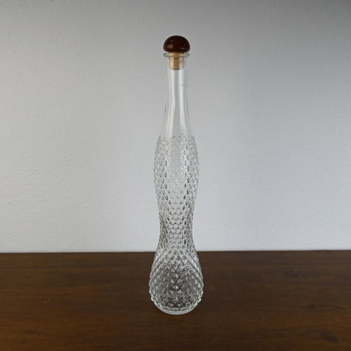 Glass decorative carafe with cork stopper and engraved design like new