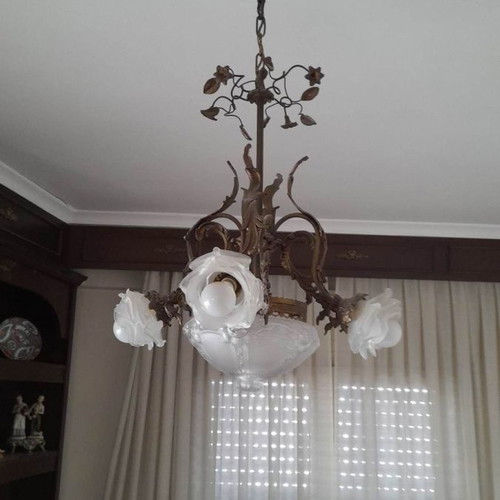 Vintage five-light ceiling lamp used, brass and glass