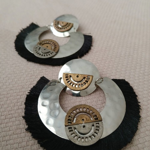 Statement boho ethnic earrings, black and silver