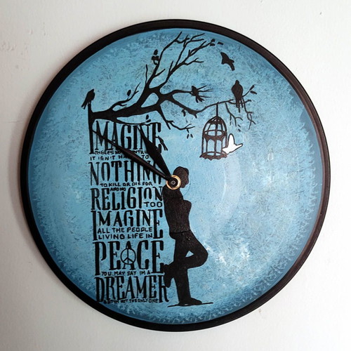 Imagine wall clock made from hand-painted vinyl record used