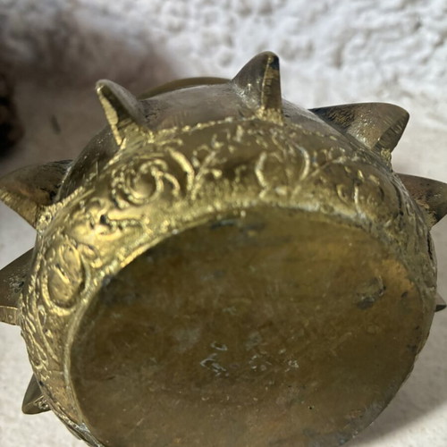 Bronze mortar and pestle used, antique with ribs and engraved design
