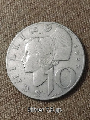 Austria Silver 10 Schilling 1957 used, 7.5g with 0.640 silver