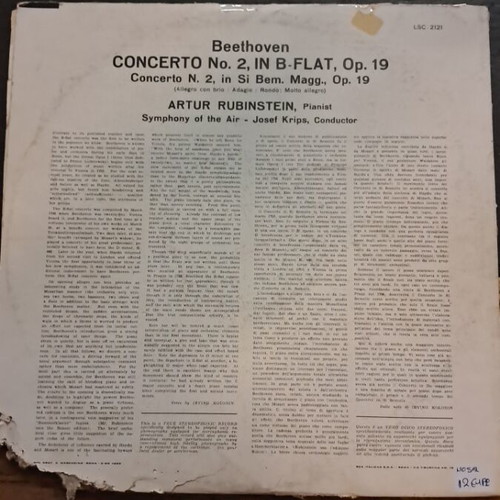 Beethoven Concerto No. 2 vinyl record used, cover torn