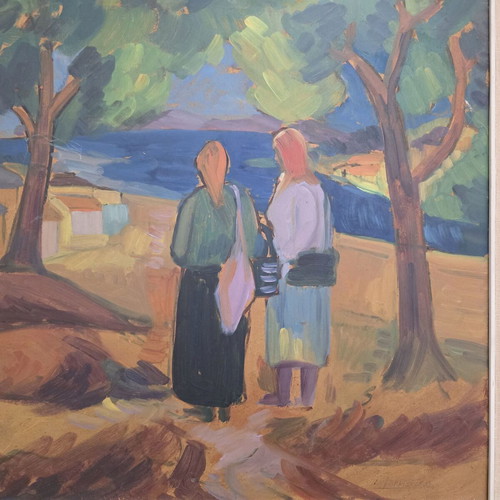 Panagis Gavrielatos oil painting like new, seaside village scene