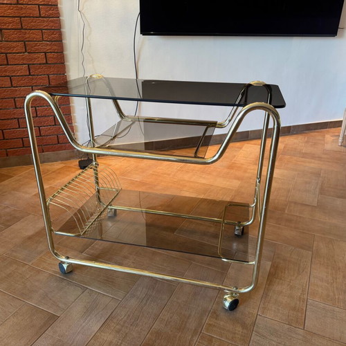 Italian 70s Trolley Bar Cart like new with smoked crystal and gold frame