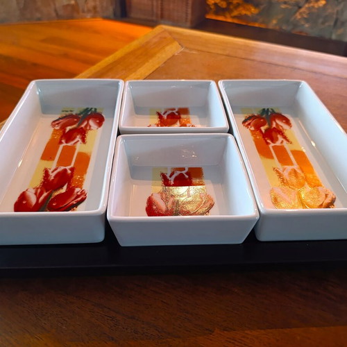 Wooden serving tray with 4 bowls for snacks and dips