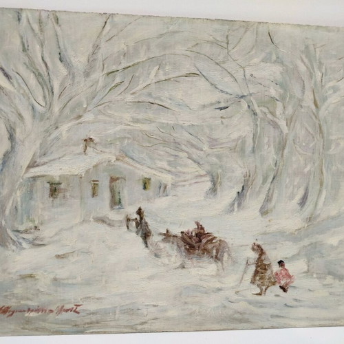 Oil painting snowy landscape used on plywood, old collectible 40x50