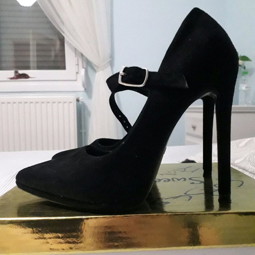 Black suede pumps with strap, 12 cm stiletto heel, size 35 like new