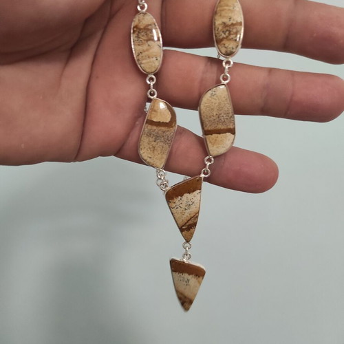 Silver-plated necklace with Jasper stone new, beige and brown