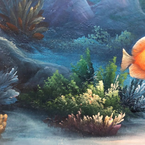 Canvas painting "Βυθος με τροπικα ψαρια" like new with wooden frame 83x108 cm