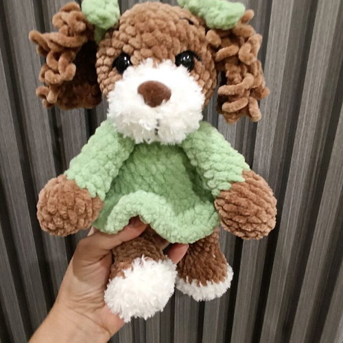 Handmade crocheted dog new with plush yarn and green dress