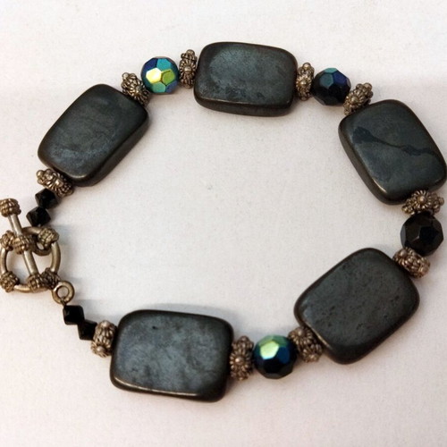 Vintage hematite bracelet with black and blue crystal beads used