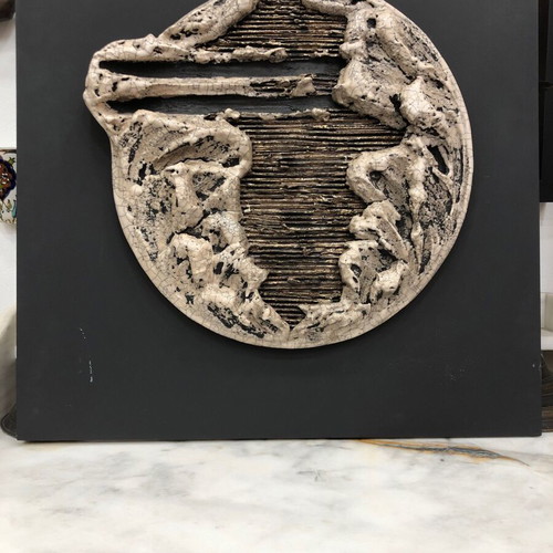 Wall ceramic sculpture used, moon on black wooden panel