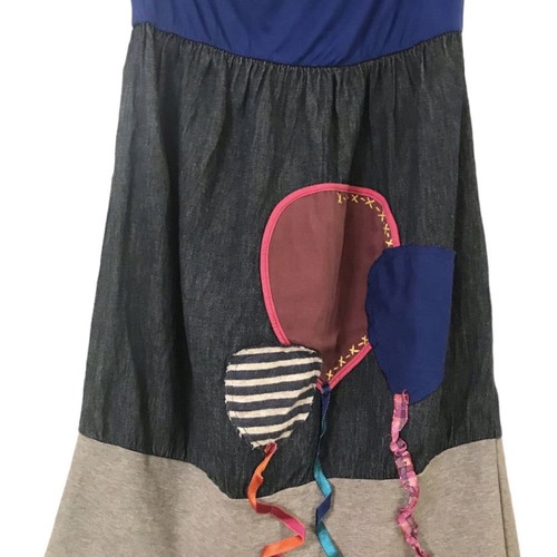Heel strapless short linen dress used with patchwork blue