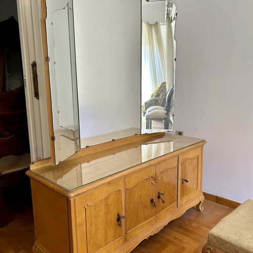 Vintage Bedroom Vanity with Triple Mirror and Stool from 1960s, like new