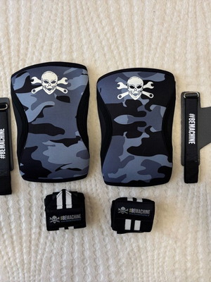 Bemachine fitness set new with wrist bands, carbon hand grips, knee sleeves