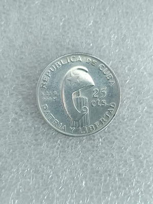 Silver Coin Cuba 1953 used, 25 centavos José Martí centenary