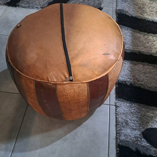 Leather pouf used, height 45 cm, diameter 50 cm, handmade Tunisia