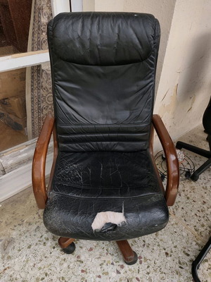 Leather chair with wooden armrest used, genuine leather