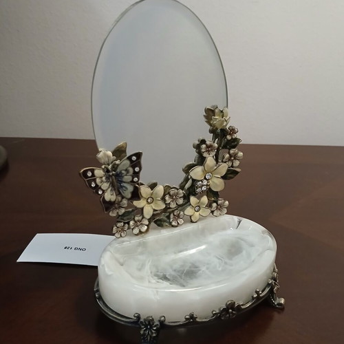 Brass jewelry box with mirror and enamel floral butterfly design