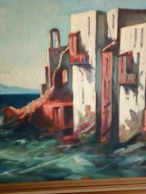 Mykonos oil painting unique with heavy wooden frame