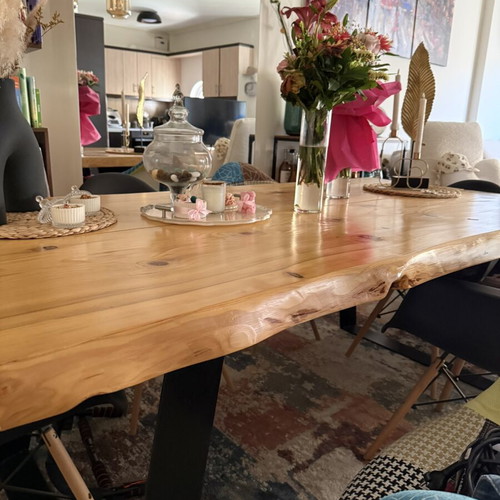 Solid pine wood dining table and coffee table set with metal legs