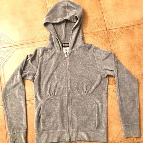 Mymoo hoodie gray velour jacket used with print and rhinestones on back