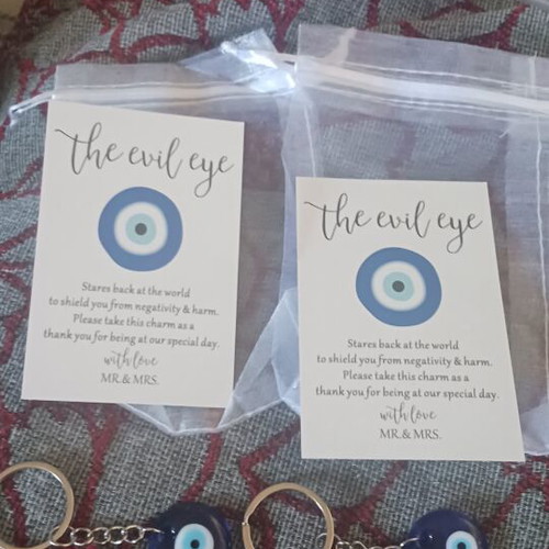 Set of 2 blue evil eye keychains with card and transparent pouch