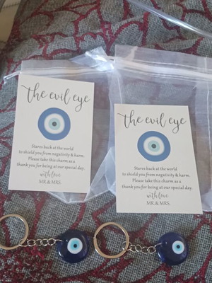 Set of 2 blue evil eye keychains with card and transparent pouch