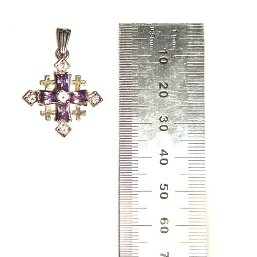 925 Sterling Silver Cross Pendant with Amethyst and Cubic Zirconia, New