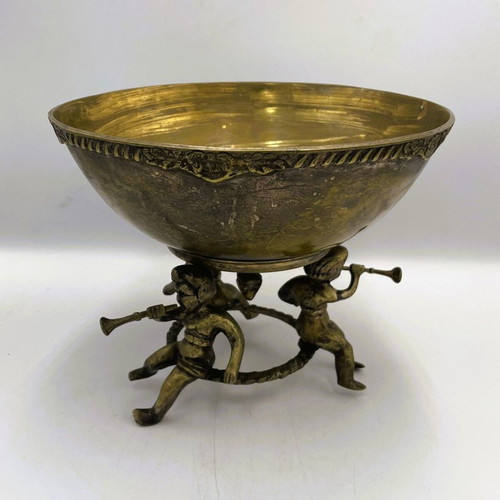 Αντίκα Art Nouveau ορειχάλκινο μπολ με βάθρο και χερουβείμ σαν καινούργιο