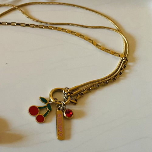 Handmade summer necklace with cherries, charm amour and red stone