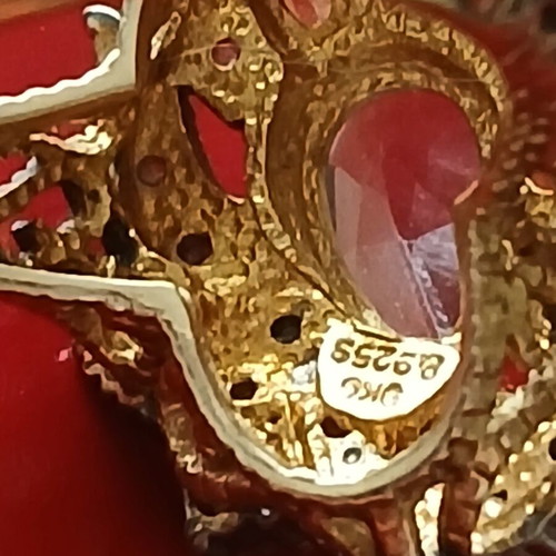 Ring with semiprecious stones, 9K gold, 925 silver and old cut diamonds, 17 mm