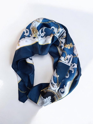 Baroque silk neck scarf 100% natural silk new blue-white